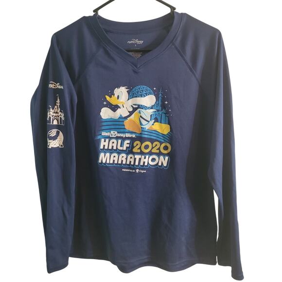 Run Disney Half Marathon 2020 Women's Long Sleeve Tee Sz Large WDW Blue V-Neck - Picture 1 of 10